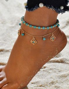 2 piece beaded/gold accent gorgeous anklet Heart Ankle Bracelet, Turquoise Anklet, Summer Beach Jewelry, Beaded Ankle Bracelets, Leg Chain, Heart Anklet, Beaded Ankle, Summer Anklets, Ankle Jewelry