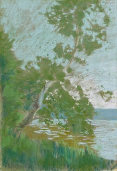 an image of a painting with trees and water in the background