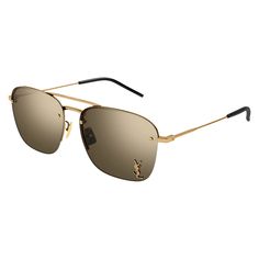 Introducing the Saint Laurent SL309M 004 Bronze/Brown Flash 57mm sunglasses, a must-have accessory for the stylish fashionistas out there. These aviator-style sunglasses are the perfect blend of luxury and sophistication, making them a standout piece in any wardrobe. The frame color of these sunglasses is a stunning bronze shade that adds a touch of glamour to any look. Paired with the brown flash lens color, these sunglasses exude a sense of elegance and luxury. The 57mm lens socket width provides ample coverage and protection from the sun, while the metal frame material ensures durability and longevity. Designed specifically for women, these Saint Laurent sunglasses feature a sleek and feminine silhouette that complements a variety of face shapes. The 145mm temple length and 15mm bridge Stylish Eyeglasses, Saint Laurent Sunglasses, Aviator Style, Color Lenses, Face Shapes, Women Brands, Luxury Branding, Metal Frame, Metallica