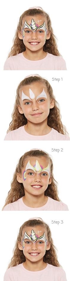 Kids unicorn face paint guide Unicorn Face Paint Easy For Kids, Unicorn Makeup Kids Easy, Unicorn Face Makeup, Easy Unicorn Makeup Halloween, Easy Kids Face Paint, Kids Unicorn Face Paint, Unicorn Face Paint Step By Step, Unicorn Face Paint Easy, Unicorn Makeup Kids