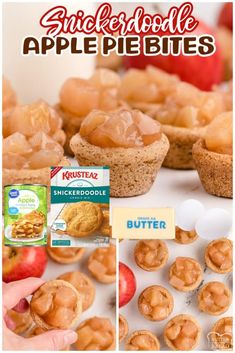 an image of apple pie bites with apples in the background and on the bottom, there is