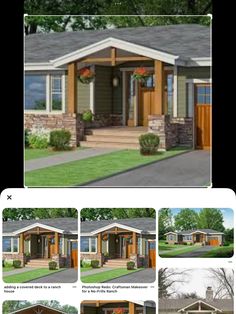 the front and side views of a small house with porches, windows, and landscaping