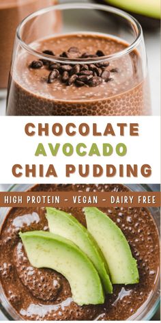 chocolate avocado chia pudding in a glass bowl