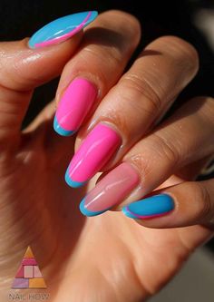 Elevate your nail game with these stunning french tip nails short, featuring a hot pink base and playful sky blue tips. It's a chic twist on the classic nails french style that will set you apart. For more french tip designs, visit nailhow.com. Pink And Blue French Tip Nails, Hot Pink And Blue Nails, French Tip Manicure, Pink French Nails, Nail Piercing, Silk Wrap Nails, Blue French Tips, Latest Nail Trends, Nail Prices