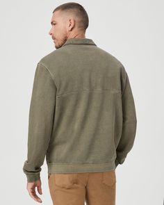 This pullover is the perfect mid-weight layer as we transition into the colder months. Expertly constructed in an ultra-soft and lightweight 100% twill terry fabric, this easy collared sweatshirt is designed with a quarter zip and comes in a sage green pigment dyed hue for a lived-in look. We’ll be wearing the Davion Pullover with every shade of denim for seasons to come. | Davion Quarter Zip Pullover - Vintage White Sage | Size Medium Relaxed Fit Half-zip Outerwear With Ribbed Collar, Relaxed Fit Fleece Outerwear With Ribbed Collar, Relaxed Fit Outerwear With Ribbed Collar For Layering, Men Store, Collared Sweatshirt, Terry Fabric, White Sage, Denim Shoes, Quarter Zip Pullover