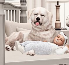 a baby laying on top of a bed next to a large dog with its tongue out