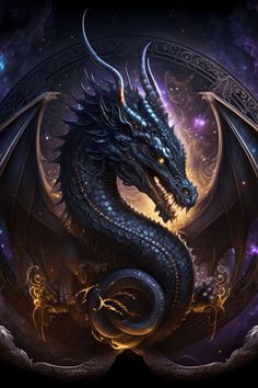 a blue dragon sitting on top of a purple and black background with stars in the sky