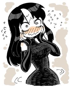 a drawing of a woman with black hair wearing a dress and holding her face to her mouth