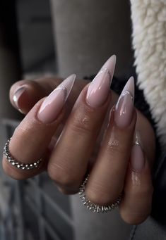 Long Pointy Nails Designs, Point Almond Nails, Almond Point Nails, Pointy Almond Nails Designs, Sharp Almond Acrylic Nails, Chrome Almond Nails Designs, Long Almond Nails Designs Classy, Nude And Sparkle Nails, Nude Stiletto Nail Designs