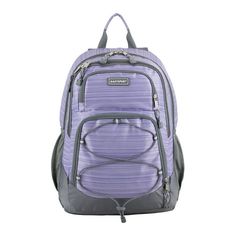 a purple and grey backpack with zippers