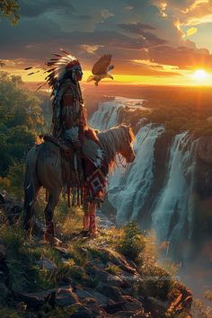 a native american man on a horse looking at the sunset with a bird flying over his head