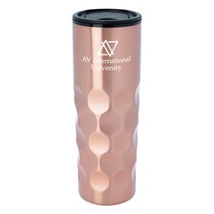 thermos travel tumbler is shown in rose gold with an abstract design on it