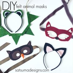 four different masks are shown on a white background with text that reads diy felt animal masks