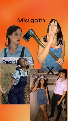 four different pictures of women with tools in their hands and the words mia goth on them