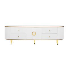 a white and gold sideboard with two drawers, one door open to reveal an oval handle