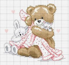 a cross stitch pattern with a teddy bear and kitten