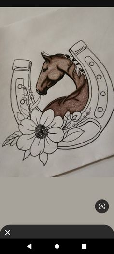 a drawing of a horse in a horseshoe with flowers on the side and an arrow