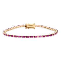 By Eriness 14K Yellow Gold The 14K Gold Ruby Baguette Tennis Bracelet features a row of radiant ruby baguette stones combining the traditional essence of a tennis bracelet with a splash of red. 2.40 carats Made to order. Please allow approx 6-8 weeks for shipment Baguette Bracelet, Bracelets Stack, Diamond Stacks, Gold Ear Cuff, Ear Cuff Earings, Bridal Bracelet, Diamonds And Gold, Engraved Gifts, July Birthstone