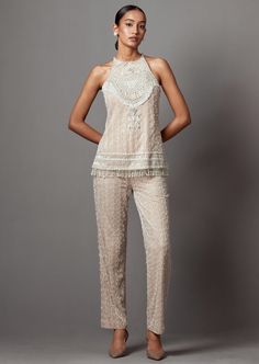 Hand embroidered statement hi-shine co-ord pant top set.