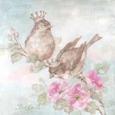 two birds sitting on top of pink flowers