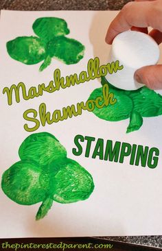 someone is stamping shamrocks on a sheet of paper with the words marshmallow shampoo stamping