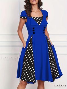 Lasaky - Chic Polka-dot Print Color Block A-line Dress with Elegant Swing Button Detail, Womens Fashion Apparel Spring Polka Dot Dress With Button Closure, Polka Dot Dress With Button Closure For Spring, Polka Dot Dresses With Buttons And Short Sleeves, Elegant Polka Dot Dresses With Buttons, Polka Dot Spring Dress With Buttons, Polka Dot Knee-length Dress With Buttons, Polka Dot Print, Vintage Fabric, Dot Print