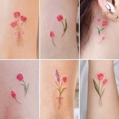 four pictures of different tattoos with flowers on them