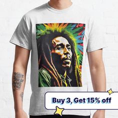 Standard fit with double-needle hems for durability. Solid colors are 100% preshrunk cotton, heather colors are cotton blend. Range of colors available, with the option to print on front or back. Size range S-3XL, suitable for men and women. A vibrant graffiti-style image of Bob Marley, the legendary reggae icon, exudes the essence of reggae music with its colorful and captivating design. Graphic Tee Cotton T-shirt With Custom Artwork, Cotton T-shirt With Custom Artwork And Relaxed Fit, Cotton T-shirt With Custom Artwork In Relaxed Fit, Cotton T-shirt With Custom Artwork Fan Merchandise, Cotton T-shirt With Custom Artwork For Fans, Casual T-shirt With Custom Artwork, Casual Multicolor Tops With Custom Artwork, Cotton Band Merch T-shirt With Custom Artwork, Band Merch Cotton T-shirt With Custom Artwork