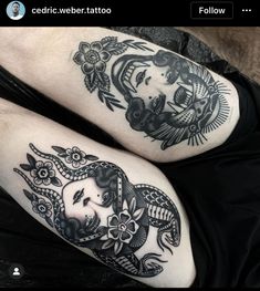 two black and white tattoos on both legs