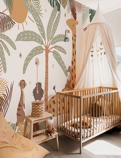 a baby's room decorated with giraffes and palm trees