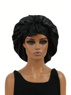 Black Basics,Casual,Elegant Collar  Polyester   Embellished  Spring/Summer,Fall/Winter Women Accessories Bonnet For Men, Black Bonnet, Sleeping Night, Bath Cap, Curly Hair Videos, Satin Bonnet