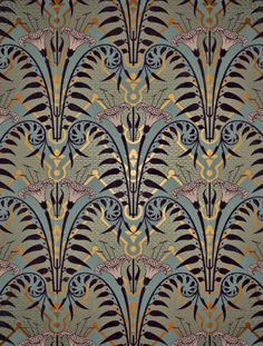 an art deco wallpaper pattern in blue, brown and yellow colors with stylized shapes