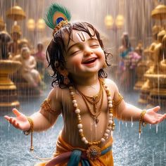 an image of a baby in the rain with his hands out and eyes closed, smiling