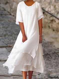 Olivia Mark - Cotton Linen Double-Layer Color Block Short Sleeve Round Neck Dress with Side Slits Cotton Short Dresses, Vintage Floral Top, Elegante Y Chic, Cotton Linen Dresses, Neue Outfits, Round Neck Dresses, Vestidos Vintage, Layer Dress, Vestido Casual