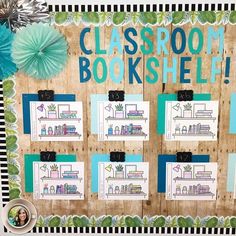 classroom bookshelf made from scrapbook pages with paper flowers and blue pom poms