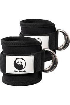 two black wrist wraps with a panda logo on the front and one has a metal ring