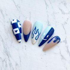 Blue Drip Nails, Flame Nails Blue, X Eyes Smiley Face Nails, Chaotic Nails, Crazy Nails Ideas, Press Ons Nails, Smiley Nails, Press On Nails Blue, Usa Nails