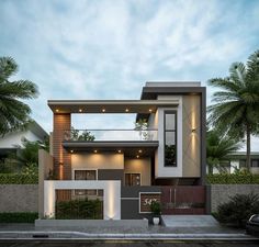 a modern house with palm trees in the background