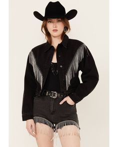 Spread collar 100% cotton Cowboy Jacket, Rhinestone Fringe, Cropped Denim Jacket, Cropped Style, Cropped Denim, Outerwear Women, Festival Fashion, Black Denim, Pretty Outfits