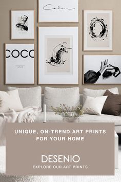 a living room with pictures on the wall above it and text that reads unique, on - trend art prints for your home