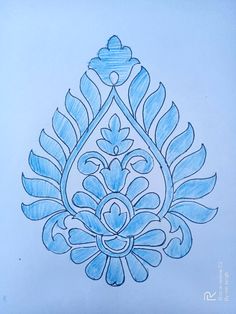 a drawing of a blue flower with leaves