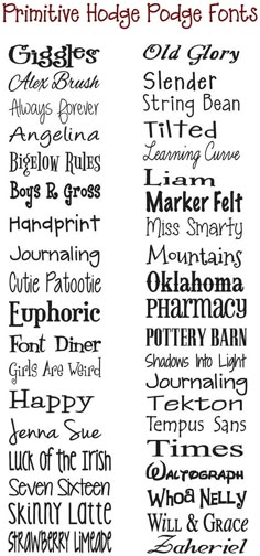 some type of font that is in different colors and sizes, with the names below it