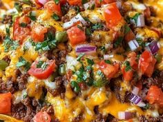 a taco salad with cheese, tomatoes and onions