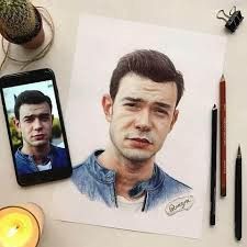 a drawing of a man on a cell phone next to a candle and some pens