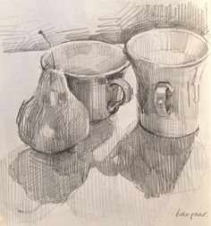 a pencil drawing of two pears and a pitcher