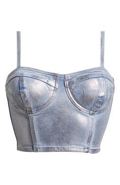 Shimmering metallic color lends eye-catching glam to a denim corset top that's ready to rock. Sweetheart neck 81% cotton, 13% modal, 5% polyester, 1% spandex Machine wash, line dry Imported Asian Owned/Founded Foil Denim, Dope Clothes, Denim Corset Top, Blue Corset, British Women, Edit Ideas, Denim Crop Top, Denim Corset, Corset Crop Top