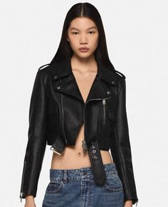 Cropped Leather Biker Jacket With Zipper, Edgy Cropped Leather Outerwear, Biker Cropped Jacket With Zipper Closure, Edgy Leather Cropped Jacket With Long Sleeves, Black Cropped Leather Biker Jacket, Cropped Leather Biker Jacket For Fall, Leather Cropped Biker Jacket For Fall, Fall Cropped Leather Biker Jacket, Spring Leather Biker Cropped Jacket