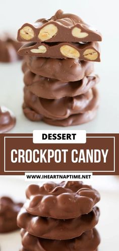 a stack of chocolate cookies with peanut butter on top and the words dessert crockpot candy above it