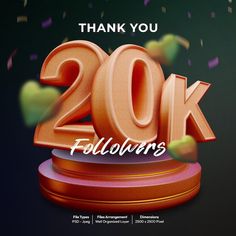 the words thank you 20k followers are in front of an image of confetti