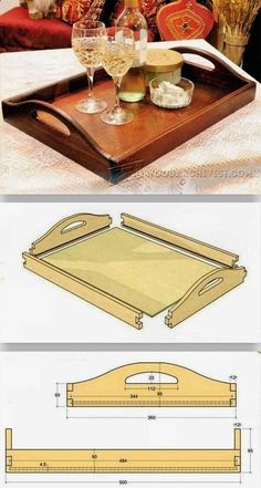 a wooden tray sitting on top of a table next to a glass filled with wine